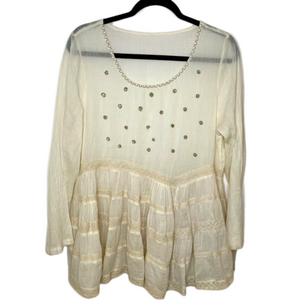 Women's Cream Embroidered Boho Lace Trim Ling Sleeve Blouse M/L